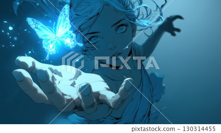 A fantastic anime scene of a girl encountering a butterfly of light 130314455