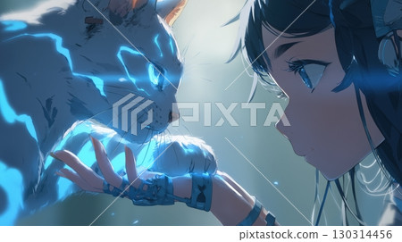 A fantastical encounter between a girl and a cat clad in light 130314456