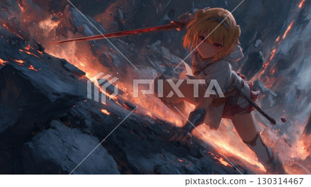 女孩在熔岩區用劍戰鬥的動漫 130314467
