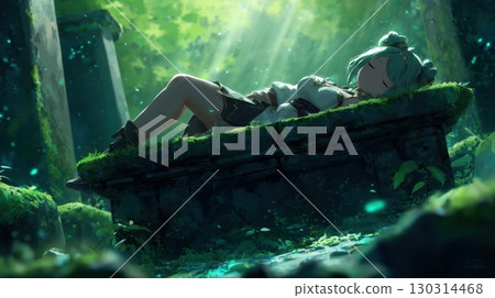 一個女孩睡在長滿青苔的祭壇上的奇幻藝術 130314468