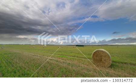 A Scenic View Featuring Rolling Fields and Hay Bales Beneath a Beautiful Cloudy Sky A Scenic View Featuring Rolling Fields and Hay Bales Beneath a Beautiful Cloudy Sky 130314772