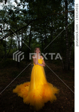 An Enchanting Woman Dressed in a Beautiful Yellow Ball Gown, Surrounded by Breathtaking Nature 130314916