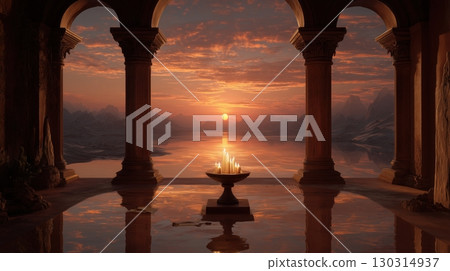 黃昏時分,寺廟裡的湖景和燭光 黃昏時分,寺廟裡的湖景和燭光 130314937
