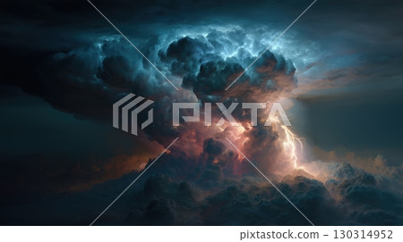 A fantastical scene of a huge thundercloud illuminated by lightning 130314952