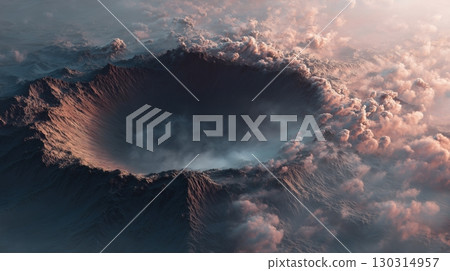 A fantastical view of a huge crater shrouded in clouds 130314957