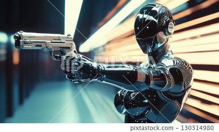 A futuristic combat robot holding a gun A futuristic combat robot holding a gun 130314980
