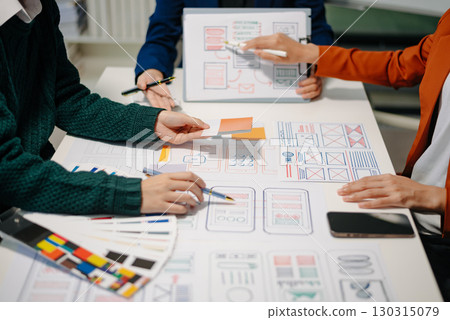 Close up view of UI developer team brainstorming on their project with laptop, smartphone and digital tablet. 130315079