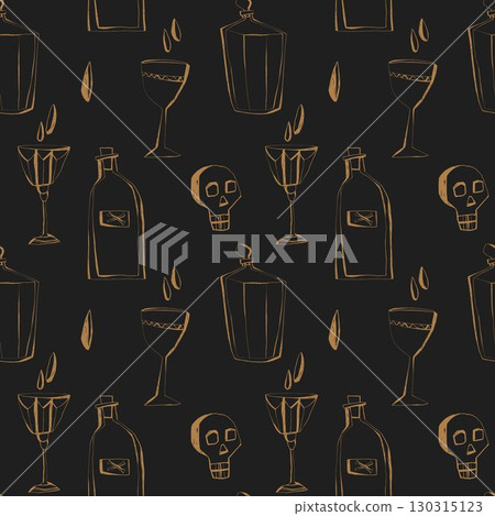 Seamless halloween pattern with skulls bottles candles and cocktail glasses on dark background for party invitations and wrapping 130315123