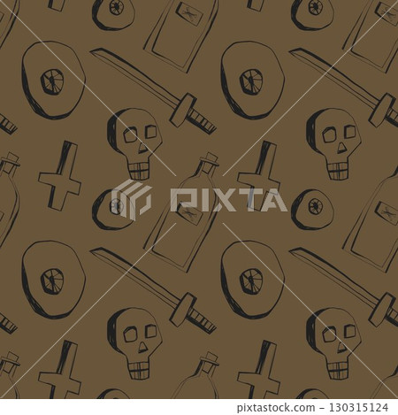 Halloween seamless pattern with skulls swords bottles and creepy doodle elements on brown background for spooky holiday design 130315124