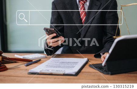 Searching Browsing Internet Data Information Networking Concept with blank search bar.justice and law concept.Male judge in a courtroom 130315219