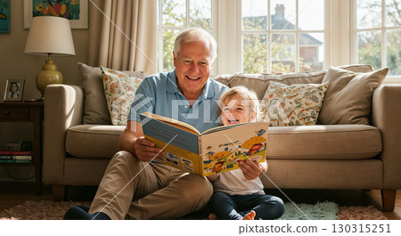 Grandfather reading a book to his grandchild in a bright living room, both smiling. Grandfather reading a book to his grandchild in a bright living room, both smiling. 130315251