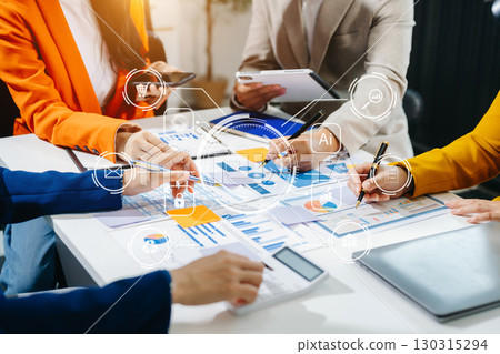 Working team meeting concept, business using laptop and smart phone and digital tablet computer with digital marketing media 130315294