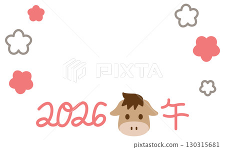 Cute pink plum blossom frame for New Year's cards with illustrations of the 2026 Year of the Horse zodiac sign Cute pink plum blossom frame for New Year's cards with illustrations of the 2026 Year of the Horse zodiac sign 130315681