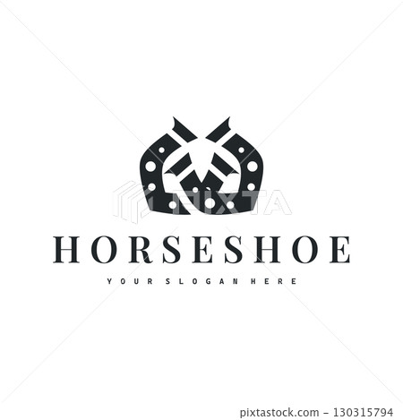 Horseshoe logo with minimalist black silhouette design as a symbol of horse ranch and blacksmith symbol logo template illustration concept for brand or poster Horseshoe logo with minimalist black silhouette design as a symbol of horse ranch and blacksmith symbol logo template illustration concept for brand or poster 130315794