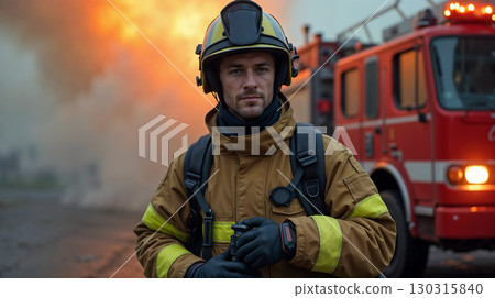 A photorealistic firefighter in full protective gear standing proudly in front of a red fire truck. 130315840
