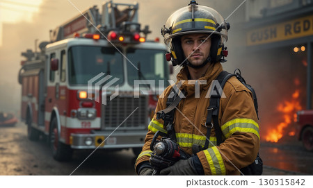 A photorealistic firefighter in full protective gear standing proudly in front of a red fire truck. 130315842