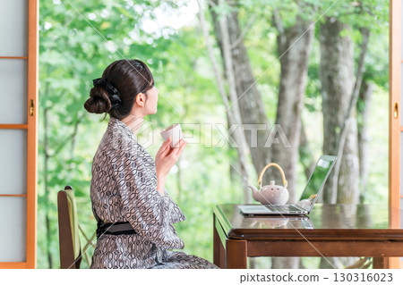 Young Asian woman in yukata drinking tea in a Japanese-style room at a ryokan 130316023