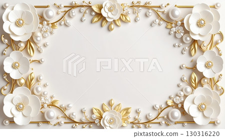 優雅的珍珠框架背景，有白色的花和金色的藤蔓 130316220