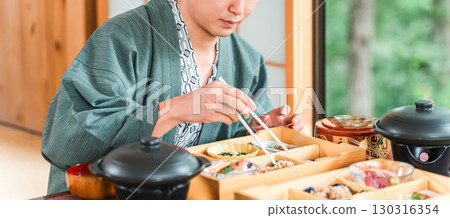 Young Asian man enjoying kaiseki cuisine at a ryokan (room service, kaiseki cuisine, gozen, luxury) 130316354