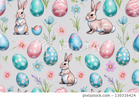 Cute Easter seamless pattern with hand-drawn watercolor bunnies, decorated eggs, and spring flowers. Festive holiday background for wrapping paper or fabric. 130316424