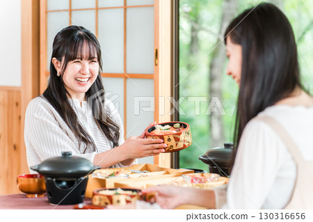 A woman enjoying kaiseki cuisine at a ryokan (room service, kaiseki cuisine, set meal, luxury) 130316656