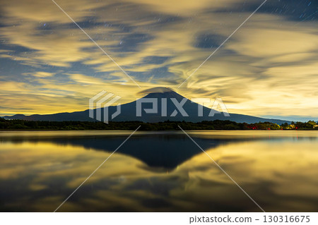 Mt. Fuji and clouds drifting over Lake Tanuki at midnight 130316675