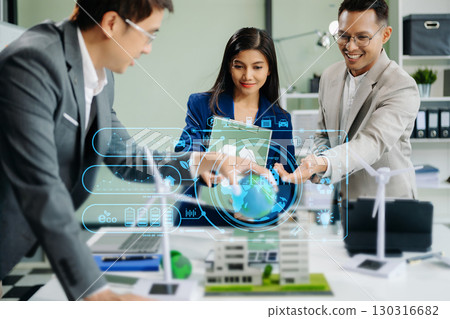 business team people planning and discussing on recycle reduce reuse policy symbol in office meeting room. Green business company 130316682