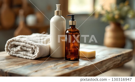Image of a soap bottle, soap bar and face towel on an antique table Image of a soap bottle, soap bar and face towel on an antique table 130316947