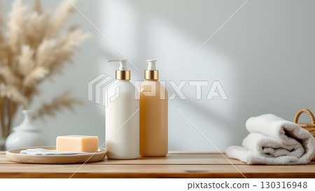 Image of a soap bottle, soap bar and face towel on a table 130316948
