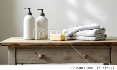Shampoo bottles, soap and towels on an antique chest 130316951