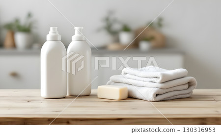 White shampoo bottle, soap and towel placed on a natural table 130316953