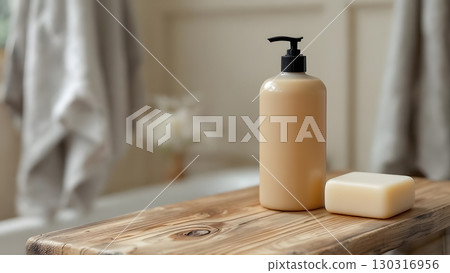 Image of a soap bottle, soap bar and face towel on an antique table 130316956