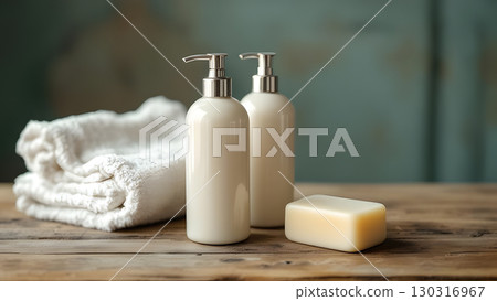 Image of shampoo bottles, soap and towels placed on an antique table 130316967