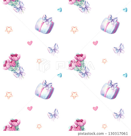 Seamless watercolor pattern with flowers and gifts in soft pastel shades. Pattern for festive design of textiles, fabric and gift wrapping Seamless watercolor pattern with flowers and gifts in soft pastel shades. Pattern for festive design of textiles, fabric and gift wrapping 130317061
