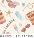 Seamless summer pattern with beach accessories, beach clothes and starfish. Watercolor hand drawn yellow color background. Ideal for, vacation promotions, fabric printing, packaging 130317190