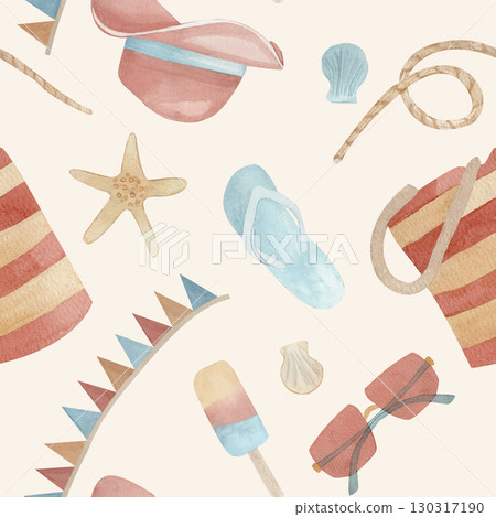 Seamless summer pattern with beach accessories, beach clothes and starfish. Watercolor hand drawn yellow color background. Ideal for, vacation promotions, fabric printing, packaging Seamless summer pattern with beach accessories, beach clothes and starfish. Watercolor hand drawn yellow color background. Ideal for, vacation promotions, fabric printing, packaging 130317190