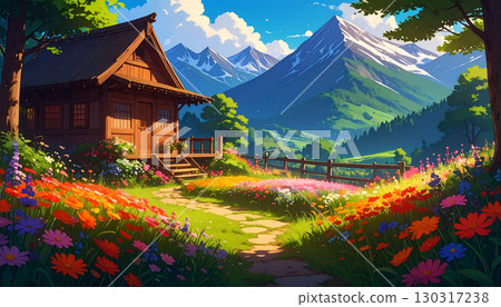 Mountain hut grassland landscape AI generated background 130317238