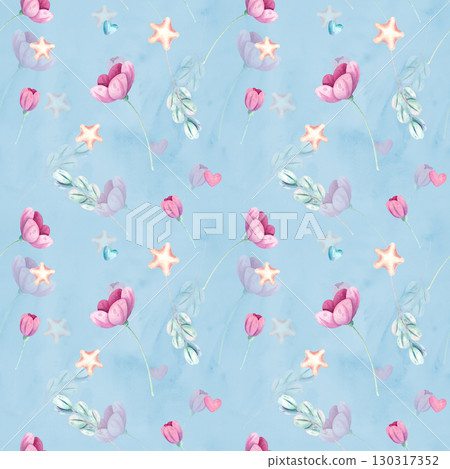 Seamless watercolor pattern with flowers and leaves in soft pastel shades on a blue background. Pattern for festive design of textiles, fabric and gift wrapping 130317352