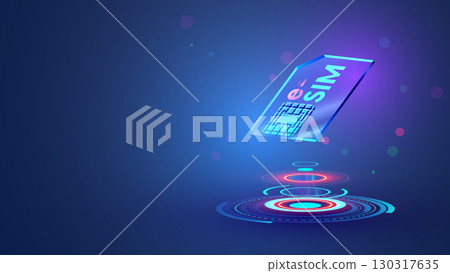 Esim icon hanging in the air 3d cyberspace. Digital virtual electronic sim card over hud digital podium. Futuristic glass mobile communication chip. eSIM mobile technology. Circular virtual interface. 130317635