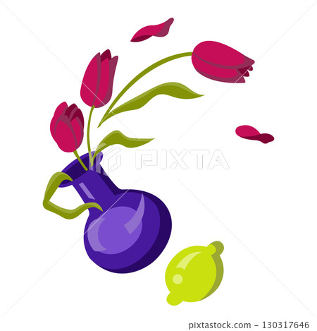 Blue vase and three red tulips. Vector illustration isolated on white background. 130317646
