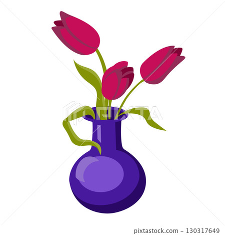 Blue vase and three red tulips. Vector illustration isolated on white background. Blue vase and three red tulips. Vector illustration isolated on white background. 130317649