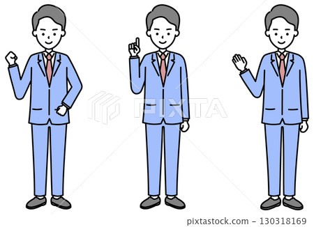 Illustration material of a male business person (whole body) giving a fist pump and pointing guidance 130318169