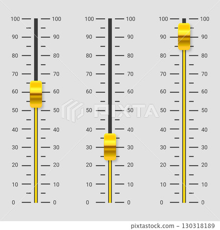 Music mixer volume sliders. Vertical sliders, yellow faders on grey background Music mixer volume sliders. Vertical sliders, yellow faders on grey background 130318189