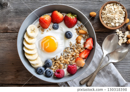 健康早餐:一碗酸奶,上面放有水果和格蘭諾拉麥片,再放一個雞蛋。 健康早餐:一碗酸奶,上面放有水果和格蘭諾拉麥片,再放一個雞蛋。 130318398