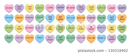 Sweet heart candy. Conversation sweets. Set of colorful conversation hearts with different saying for Valentine's Day. Sweetheart candies. Sweet heart candy isolated on white background 130318402