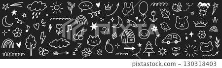 Kid icon hand set. Cute hand drawn flower, heart and tree icon in chalk style for playful kid design. Blackboard background with summer pattern and cartoon school element. Vector Kid icon hand set. Cute hand drawn flower, heart and tree icon in chalk style for playful kid design. Blackboard background with summer pattern and cartoon school element. Vector 130318403