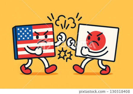 Illustration of American and Japanese flag characters in conflict. Concept of international relations and social issues. 130318408