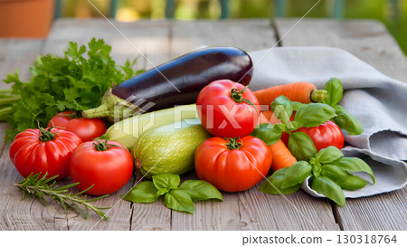 Still life with various fresh vegetables arranged on an old wooden table. The composition includes red tomatoes, eggplant, zucchini, carrots, and fresh herbs - parsley and basil. The vegetables are pl Still life with various fresh vegetables arranged on an old wooden table. The composition includes red tomatoes, eggplant, zucchini, carrots, and fresh herbs - parsley and basil. The vegetables are pl 130318764