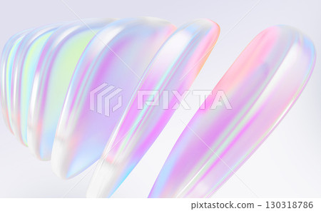 Ribbed holographic 3d background with glass iridescent square plate shape row. Abstract geometric block line pattern with neon rainbow pearlescent gradient. Render digital tech banner. 3D illustration 130318786