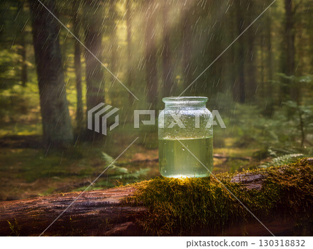 An image of a glass jar filled with a glowing greenish liquid, sitting on a mossy fallen tree in the forest. The sunbeams are shining through the trees, creating a magical and mystical atmosphere. The 130318832